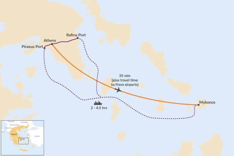 Route for the ferry between Athens and Mykonos 